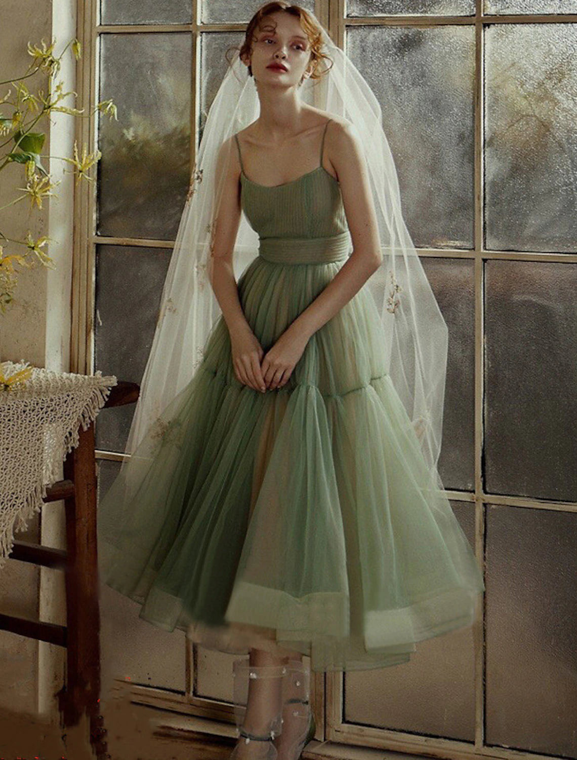 Wholesale  A-Line Prom Dresses Minimalist Dress Wedding Guest Birthday Tea Length Sleeveless Spaghetti Strap Tulle with Sash / Ribbon Pleats